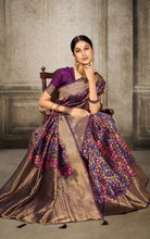 Woven Pashmina Silk Saree In Wine with Antique Gold and Multicolored Minakari Thread Work