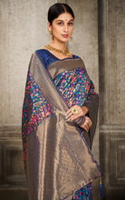 Woven Pashmina Silk Saree In Navy Blue with Antique Gold and Multicolored Minakari Thread Work