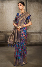 Woven Pashmina Silk Saree In Navy Blue with Antique Gold and Multicolored Minakari Thread Work