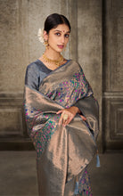 Woven Pashmina Silk Saree In Dark Grey with Antique Gold and Multicolored Minakari Thread Work