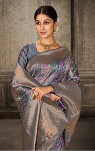 Woven Pashmina Silk Saree In Dark Grey with Antique Gold and Multicolored Minakari Thread Work
