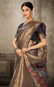 Woven Pashmina Silk Saree In Black with Antique Gold and Multicolored Minakari Thread Work (Copy)