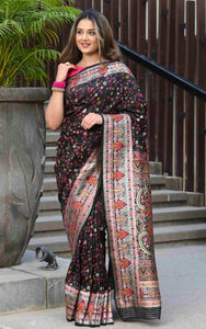 Woven Raaga Pashmina Silk Saree in Black with Antique Gold and Multicolored Minakari Thread Work