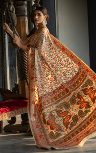 Woven Raaga Pashmina Silk Saree In Warm Beige with Antique Gold and Multicolored Minakari Thread Work