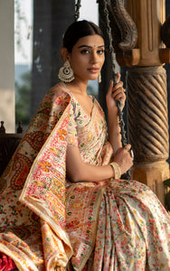 Woven Raaga Pashmina Silk Saree In Warm Beige with Antique Gold and Multicolored Minakari Thread Work