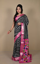 Woven Nakshi Border Soft Printed Chanderi Silk Saree in Black, Off White, Cerise Pink and Multicolored