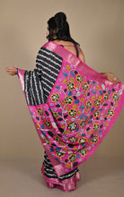 Woven Nakshi Border Soft Printed Chanderi Silk Saree in Black, Off White, Cerise Pink and Multicolored