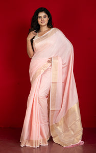 Soft Cotton Chanderi Chain Stitch Thread Work Saree in Dawn Pink, Off White and Matte Golden