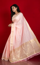 Soft Cotton Chanderi Chain Stitch Thread Work Saree in Dawn Pink, Off White and Matte Golden