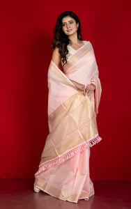 Soft Cotton Chanderi Chain Stitch Thread Work Saree in Dawn Pink, Off White and Matte Golden