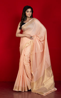Soft Cotton Chanderi Chain Stitch Thread Work Saree in Wax Flower, Off White and Matte Golden