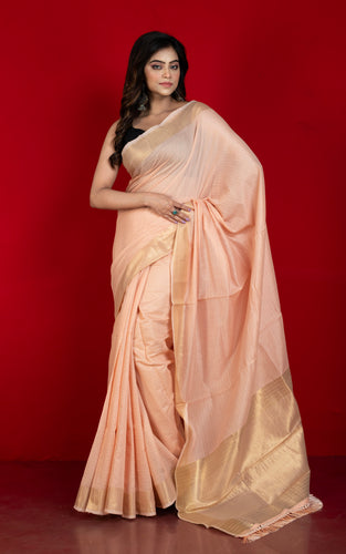Soft Cotton Chanderi Chain Stitch Thread Work Saree in Wax Flower, Off White and Matte Golden