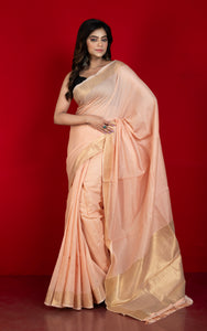 Soft Cotton Chanderi Chain Stitch Thread Work Saree in Wax Flower, Off White and Matte Golden