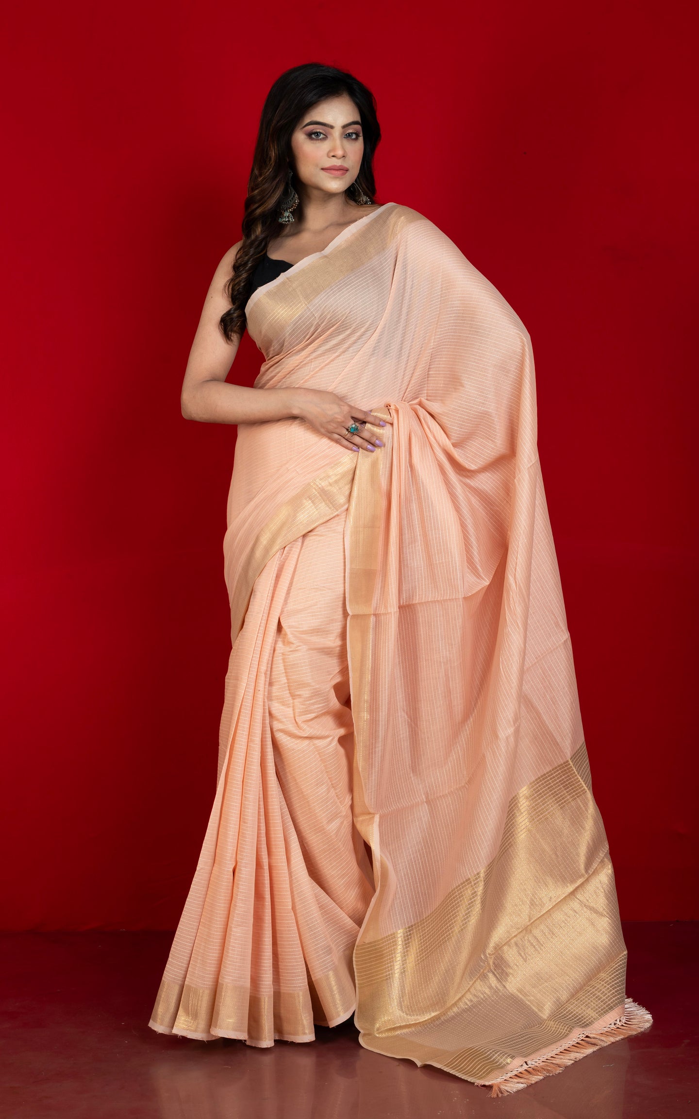 Soft Cotton Chanderi Chain Stitch Thread Work Saree in Wax Flower, Off White and Matte Golden