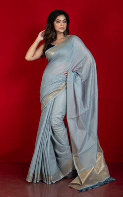 Soft Cotton Chanderi Chain Stitch Thread Work Saree in Cool Grey, Off White and Matte Golden