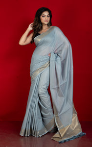 Soft Cotton Chanderi Chain Stitch Thread Work Saree in Cool Grey, Off White and Matte Golden