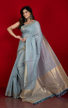 Soft Cotton Chanderi Chain Stitch Thread Work Saree in Cool Grey, Off White and Matte Golden