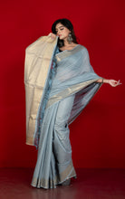 Soft Cotton Chanderi Chain Stitch Thread Work Saree in Cool Grey, Off White and Matte Golden