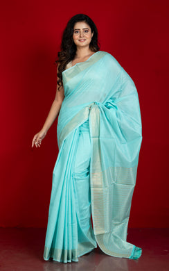 Soft Cotton Chanderi Chain Stitch Thread Work Saree in Pearl Aqua, Off White and Matte Golden