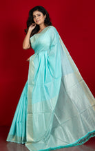Soft Cotton Chanderi Chain Stitch Thread Work Saree in Pearl Aqua, Off White and Matte Golden
