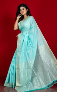 Soft Cotton Chanderi Chain Stitch Thread Work Saree in Pearl Aqua, Off White and Matte Golden