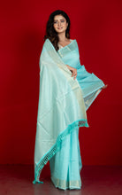 Soft Cotton Chanderi Chain Stitch Thread Work Saree in Pearl Aqua, Off White and Matte Golden