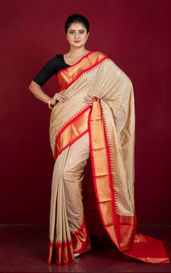 Blended Gadwal Silk Saree in Nude Beige, Bright Red and Matt Golden