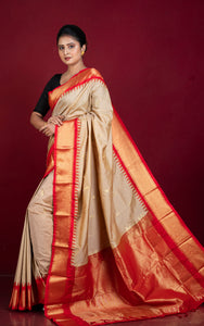 Blended Gadwal Silk Saree in Nude Beige, Bright Red and Matt Golden