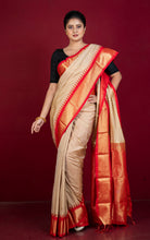 Blended Gadwal Silk Saree in Nude Beige, Bright Red and Matt Golden