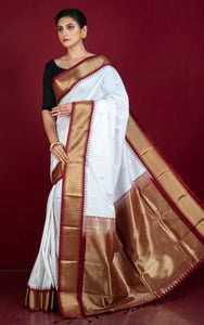 Blended Gadwal Silk Saree in White, Maroon and Matt Golden