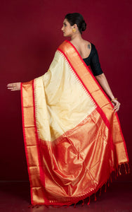 Blended Gadwal Silk Saree in Gnocchi Beige and Red