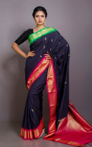 Blended Gadwal Silk Saree in Black, Hot Pink and Spring Green