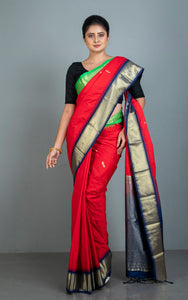 Blended Gadwal Silk Saree in Red, Spring Green and Navy Blue