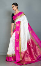 Handwoven Soft Kanchipuram Pure Silk Saree in Off White, Hot Pink and Lemon Ginger