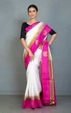 Handwoven Soft Kanchipuram Pure Silk Saree in Off White, Hot Pink and Lemon Ginger