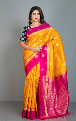 Premium Quality Soft Silk Nakshi Motif Work Border Kanchipuram Silk Saree in Orange Peel and Hot Pink