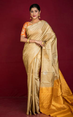 Soft Silk Poth Kanchipuram Silk Saree in Camel Brown, Mustard Golden with Muted Gold and Silver Zari Work