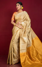 Soft Silk Poth Kanchipuram Silk Saree in Camel Brown, Mustard Golden with Muted Gold and Silver Zari Work