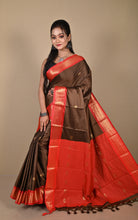 Soft Gadwal Silk Saree in Coffee Brown, Red and Golden