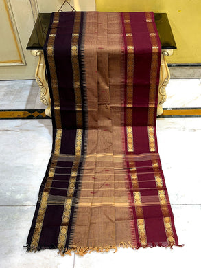 Traditional Premium Quality Handwoven Ganga Jamuna Border South Cotton Gadwal Saree in Wood Brown, Black and Maroon