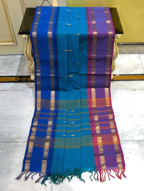 Traditional Premium Quality Handwoven Ganga Jamuna Border South Cotton Gadwal Saree in Teal, Royal Azure and Magenta