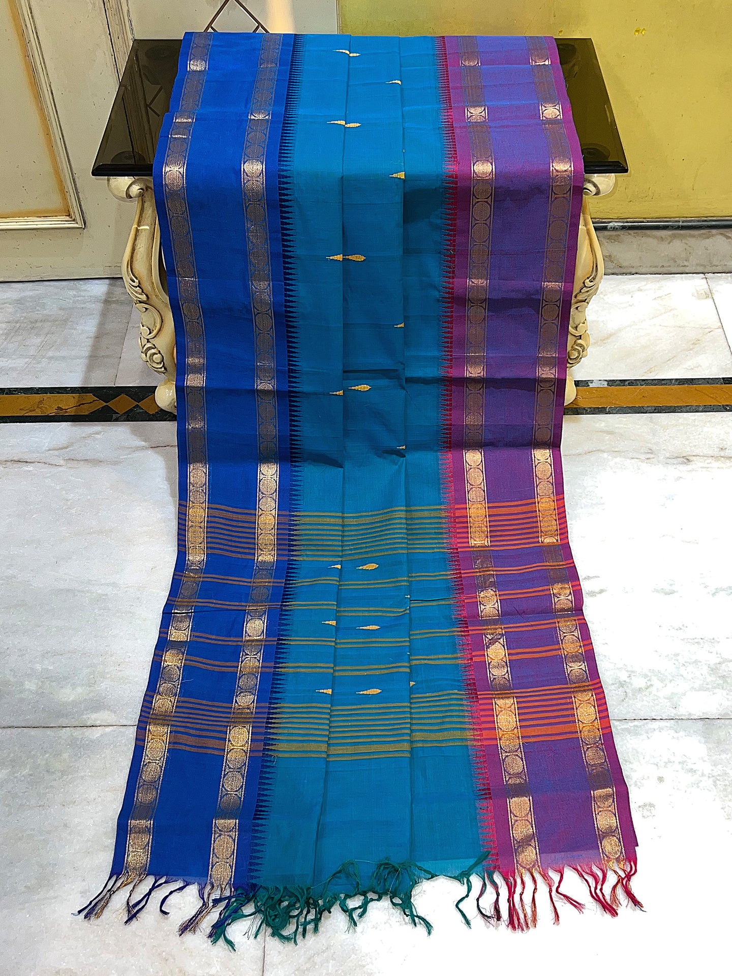 Traditional Premium Quality Handwoven Ganga Jamuna Border South Cotton Gadwal Saree in Teal, Royal Azure and Magenta
