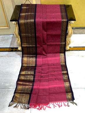 Traditional Premium Quality Handwoven Jacket Nakshi Border South Cotton Gadwal Saree in Vivid Burgundy and Black