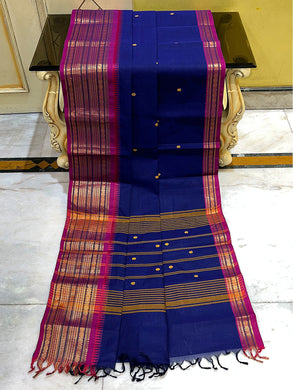 Traditional Premium Quality Handwoven Jacket Nakshi Border South Cotton Gadwal Saree in Denim Dark Blue and Magenta