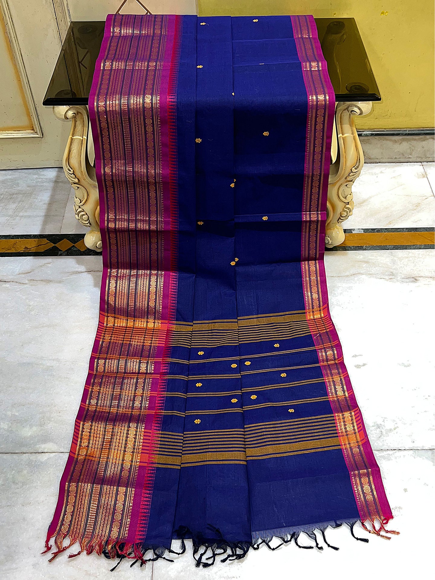 Traditional Premium Quality Handwoven Jacket Nakshi Border South Cotton Gadwal Saree in Denim Dark Blue and Magenta