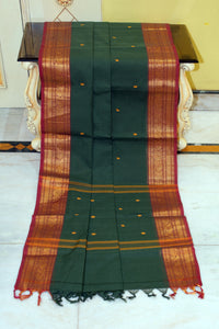 Jacket Nakshi Border Work Cotton Gadwal Saree in Dark Jungle Green, Burnt Umber and Yellow