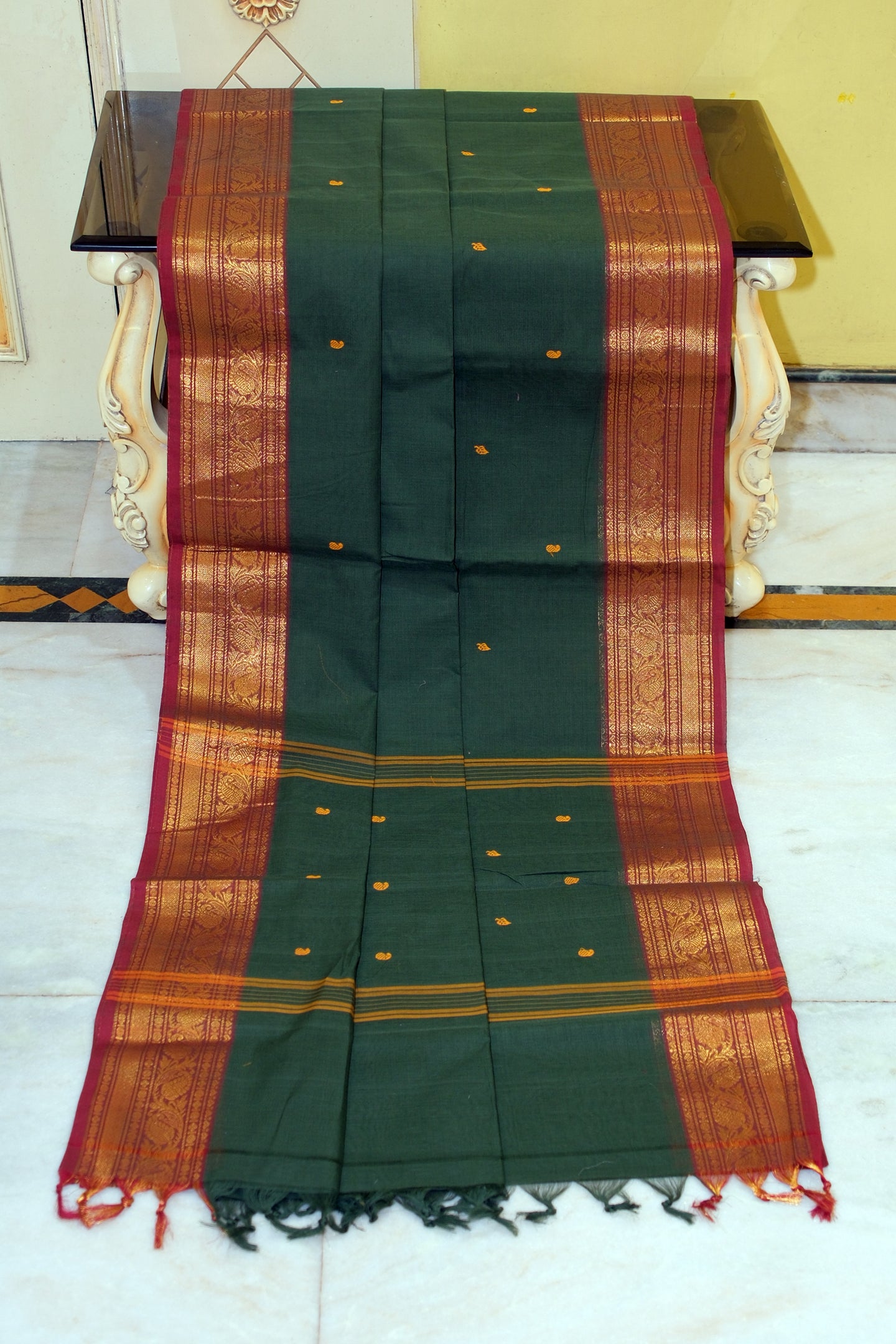 Jacket Nakshi Border Work Cotton Gadwal Saree in Dark Jungle Green, Burnt Umber and Yellow