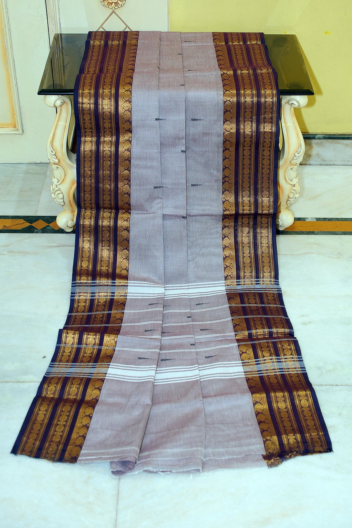 Jacket Nakshi Border Work Cotton Gadwal Saree in Opium, Reddish Brown and Off White