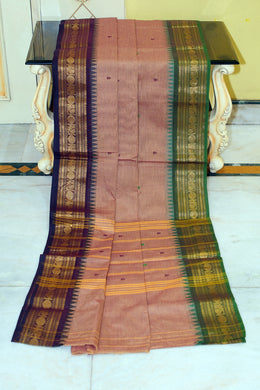 Jacket Nakshi Border Work Cotton Gadwal Saree in Pinkish Brown, Midnight Purple and Lunar Green