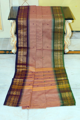 Jacket Nakshi Border Work Cotton Gadwal Saree in Pinkish Brown, Midnight Purple and Lunar Green